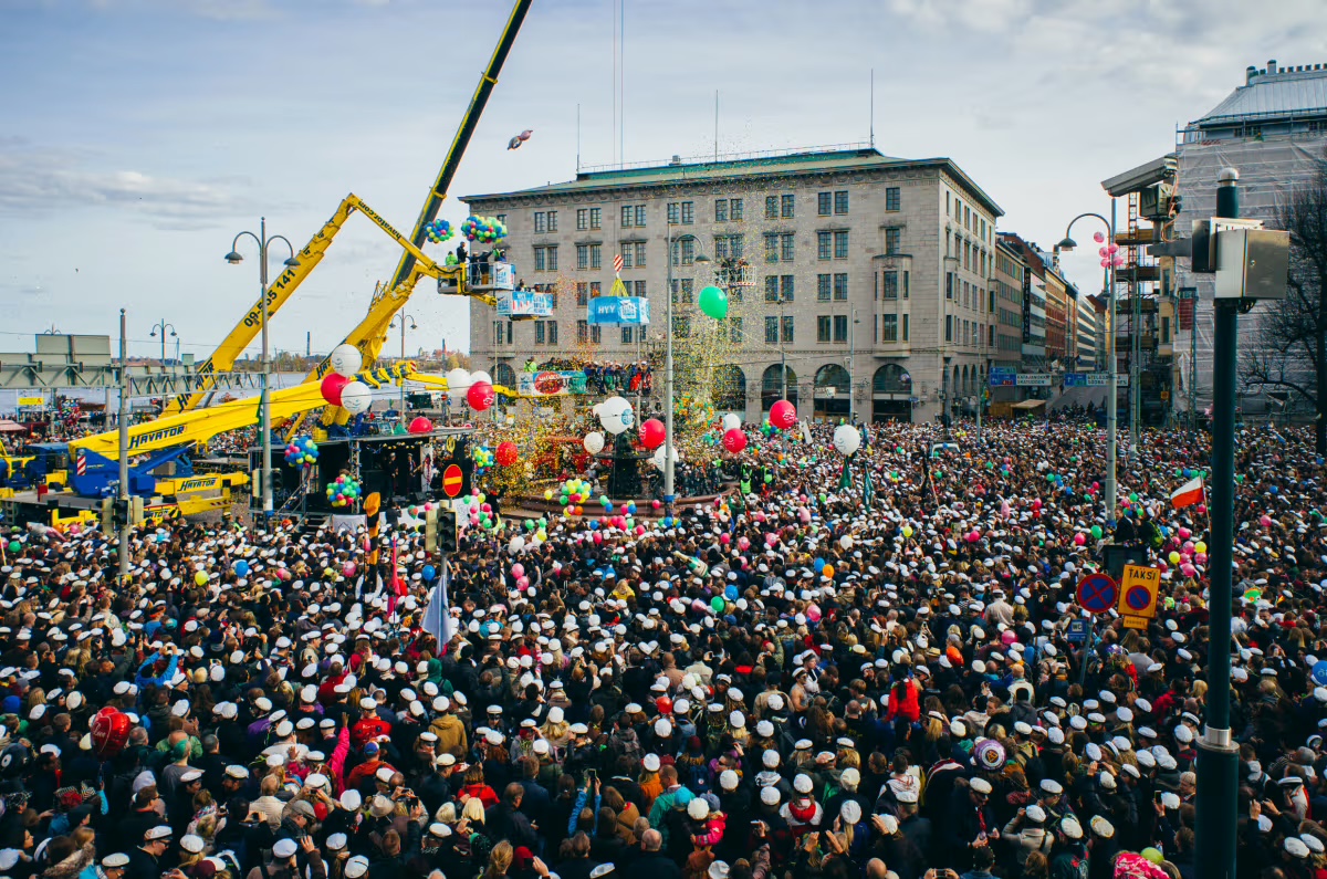 Crowds celebrating Vappu in Helsinki, Finland on May Day